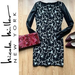 Nicole Miller Atelier floral sweater dress with lamb leather sleeves